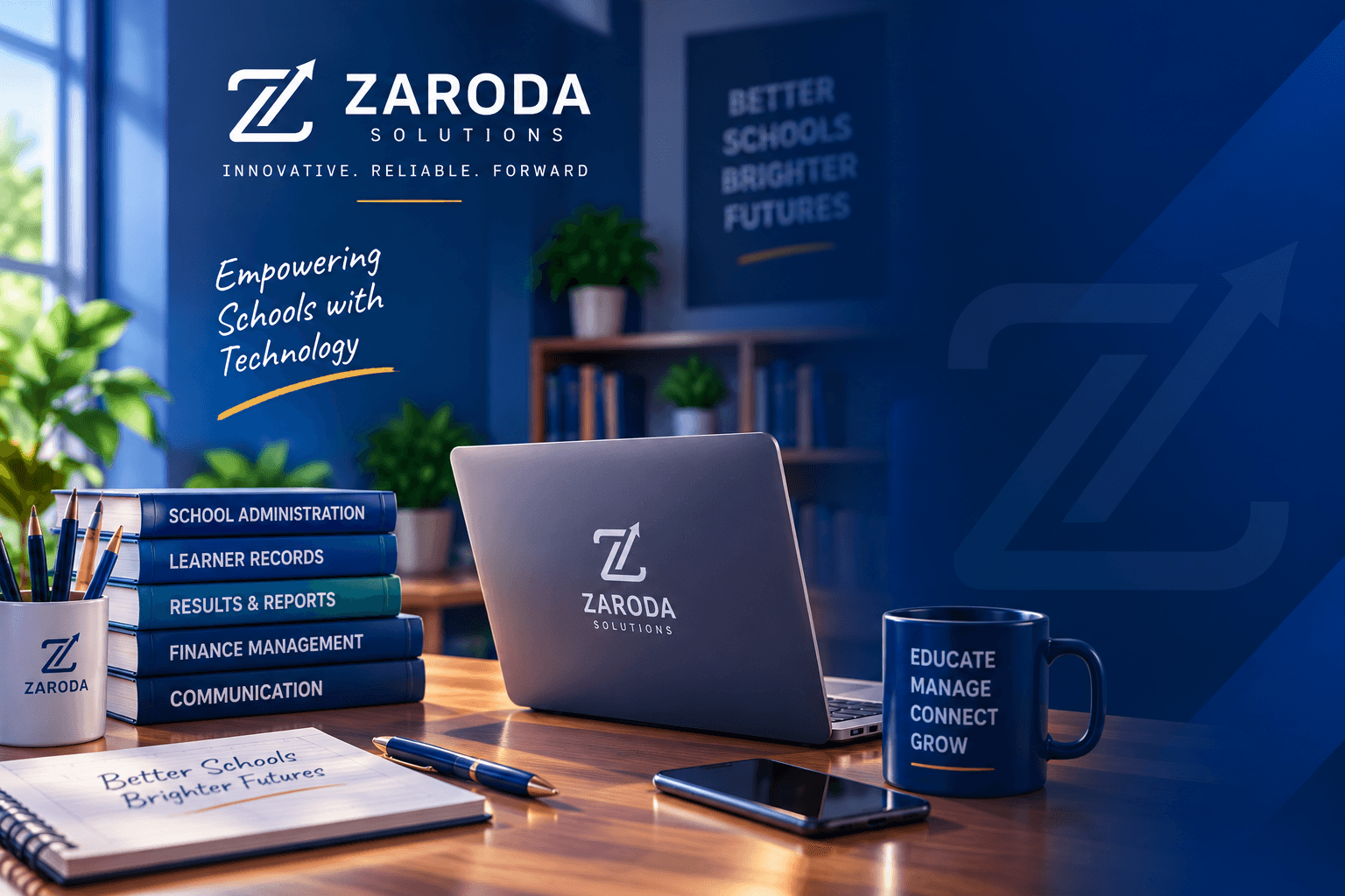 A Zaroda Solutions desk: bound volumes for school administration, learner records, results and reports, finance management and communication, beside a laptop and a notebook reading Better Schools Brighter Futures.