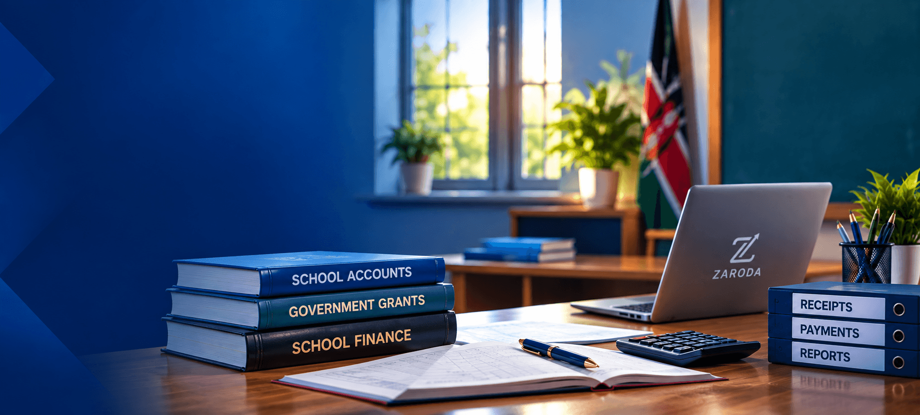 A school bursar's desk: ledgers for school accounts, government grants and school finance, a cash book open beside a calculator, and receipts, payments and reports files.